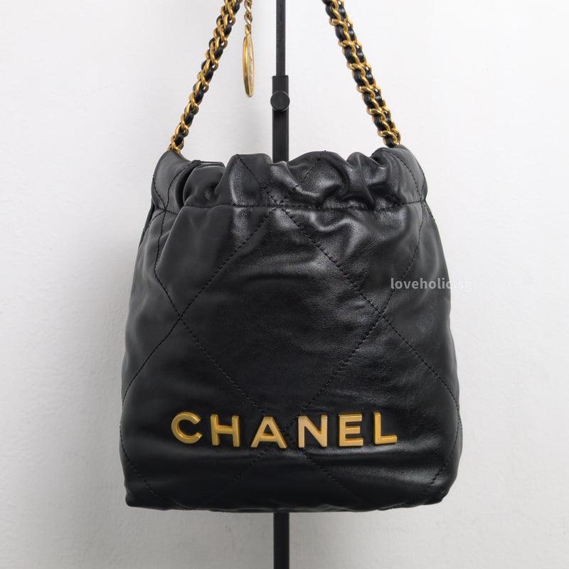 Chanel 22 Bag Mini | Black Shiny Calfskin Brushed Gold Hardware-front1