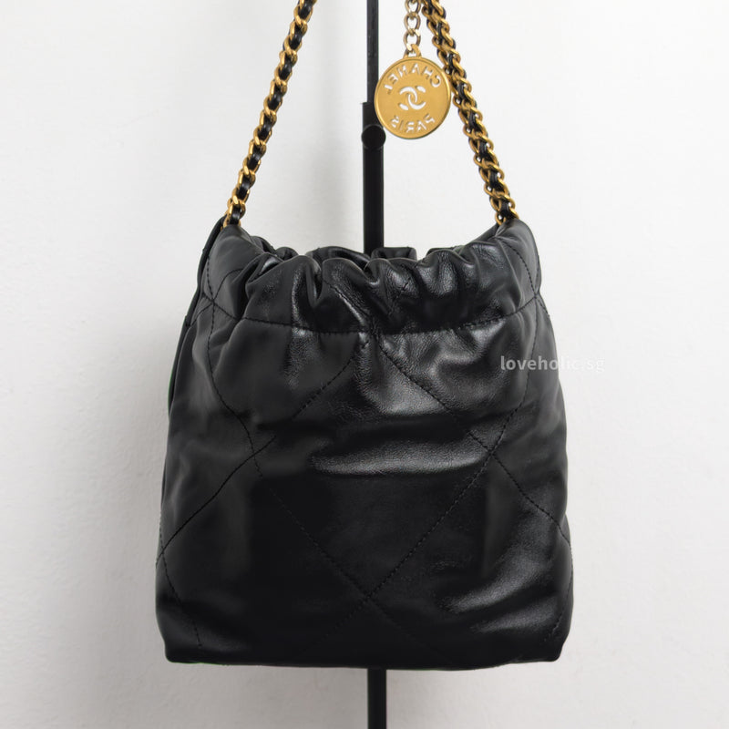Chanel 22 Bag Mini | Black Shiny Calfskin Brushed Gold Hardware-back
