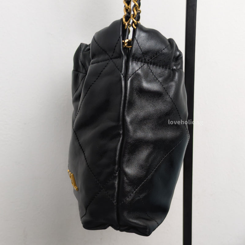 Chanel 22 Bag Mini | Black Shiny Calfskin Brushed Gold Hardware-side