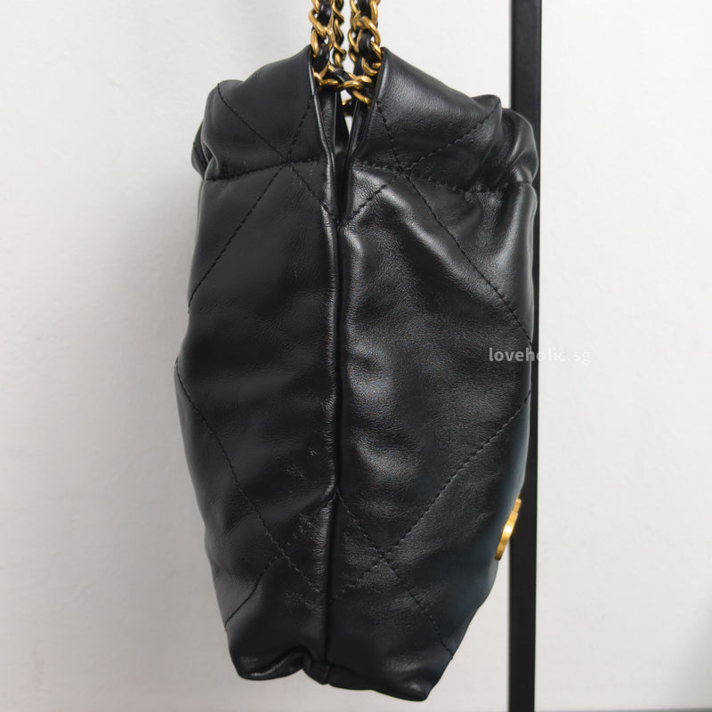 Chanel 22 Bag Mini | Black Shiny Calfskin Brushed Gold Hardware-details