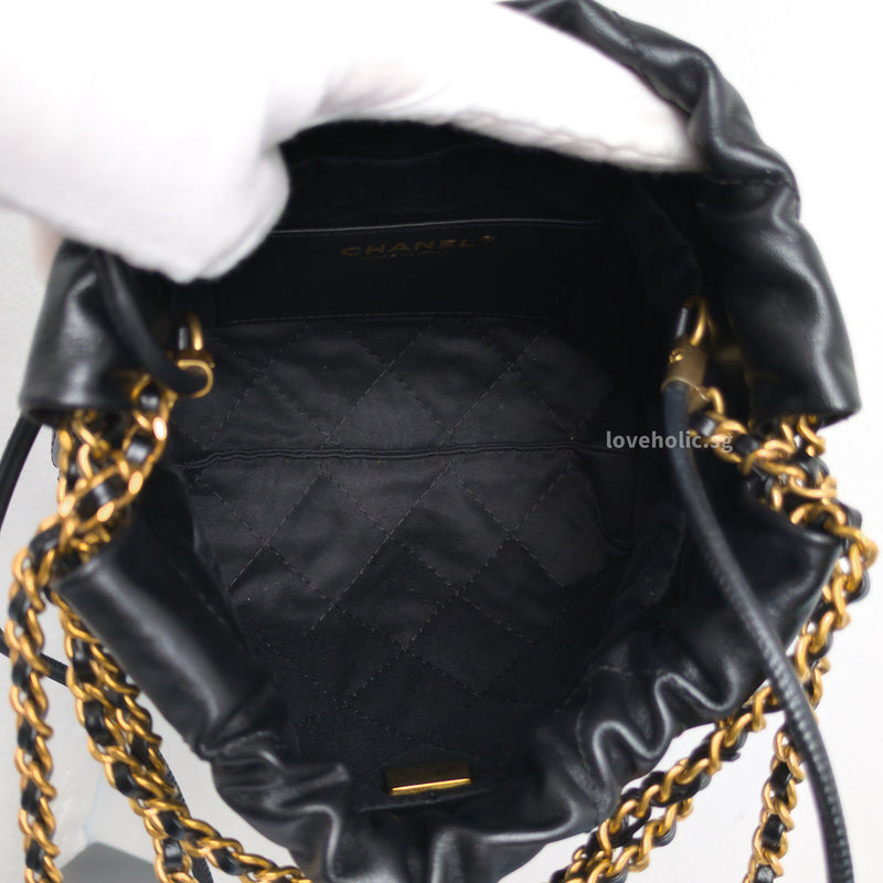 Chanel 22 Bag Mini | Black Shiny Calfskin Brushed Gold Hardware-details