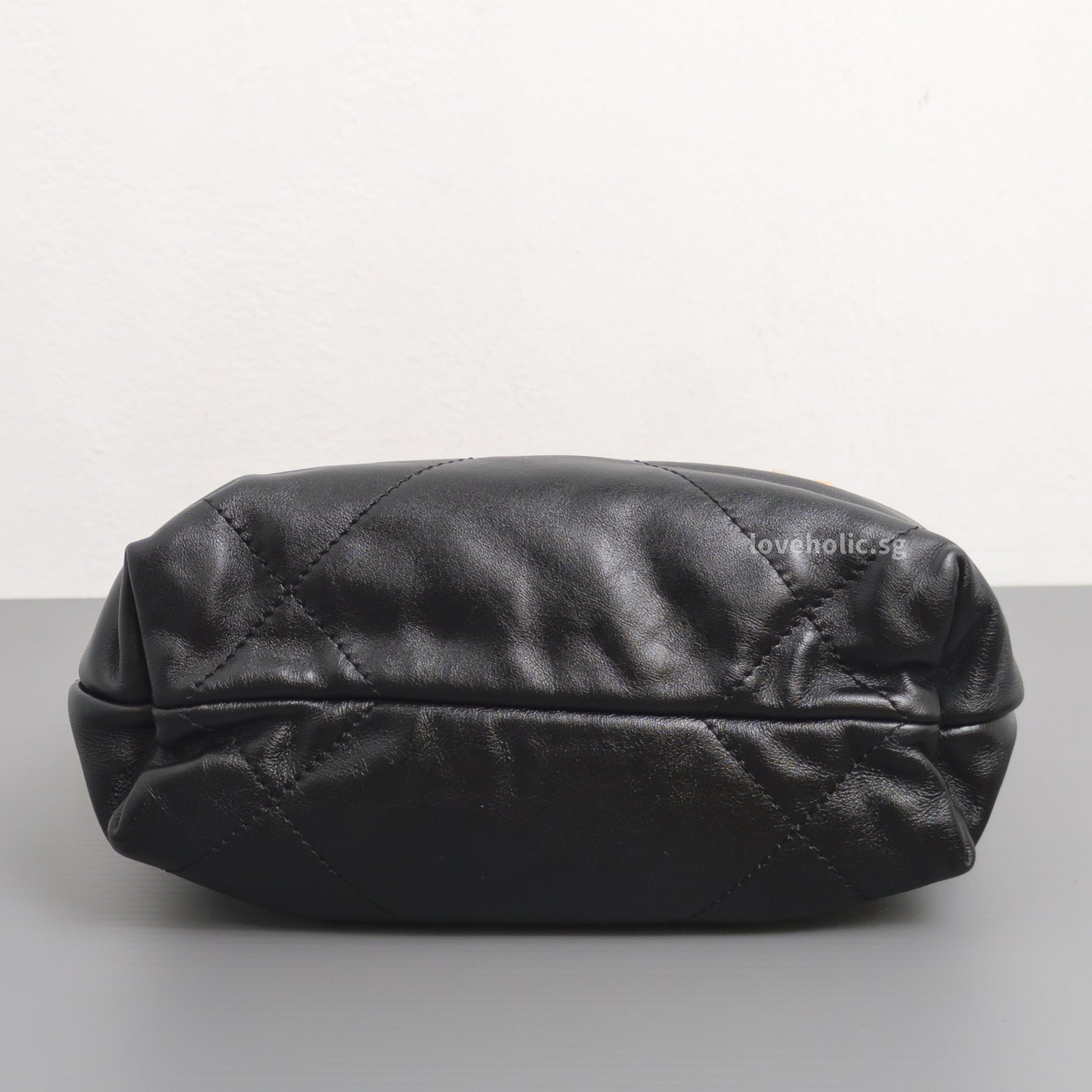 Chanel 22 Bag Mini | Black Shiny Calfskin Brushed Gold Hardware-details