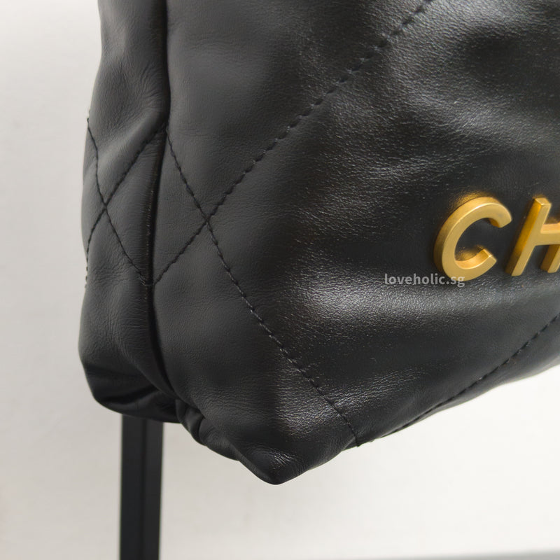 Chanel 22 Bag Mini | Black Shiny Calfskin Brushed Gold Hardware-details