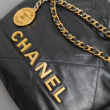 Chanel 22 Bag Mini | Black Shiny Calfskin Brushed Gold Hardware-details