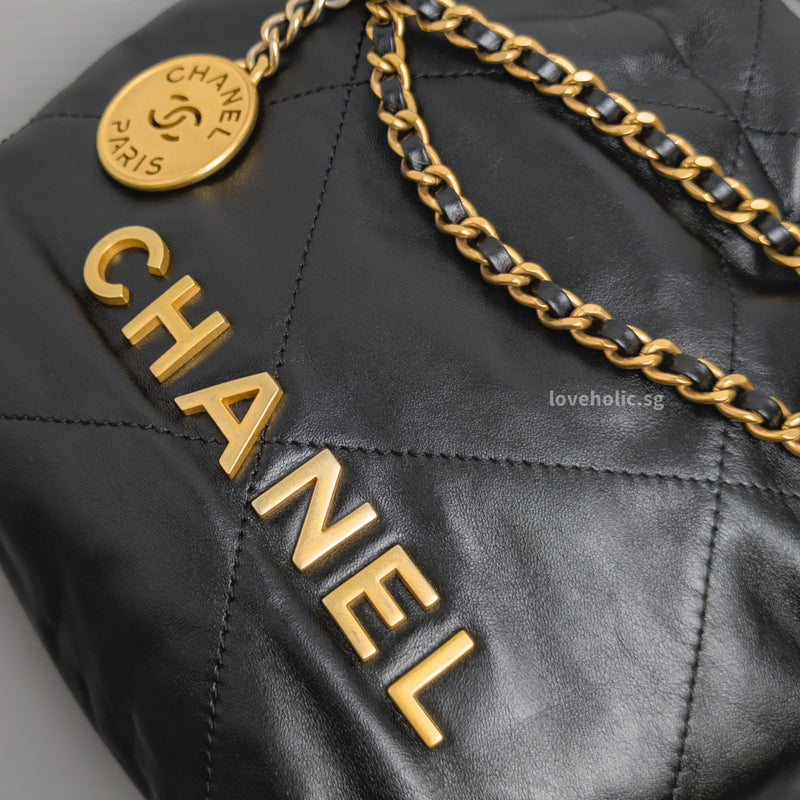 Chanel 22 Bag Mini | Black Shiny Calfskin Brushed Gold Hardware-details