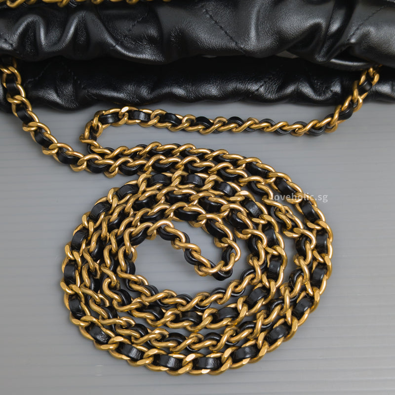 Chanel 22 Bag Mini | Black Shiny Calfskin Brushed Gold Hardware-details