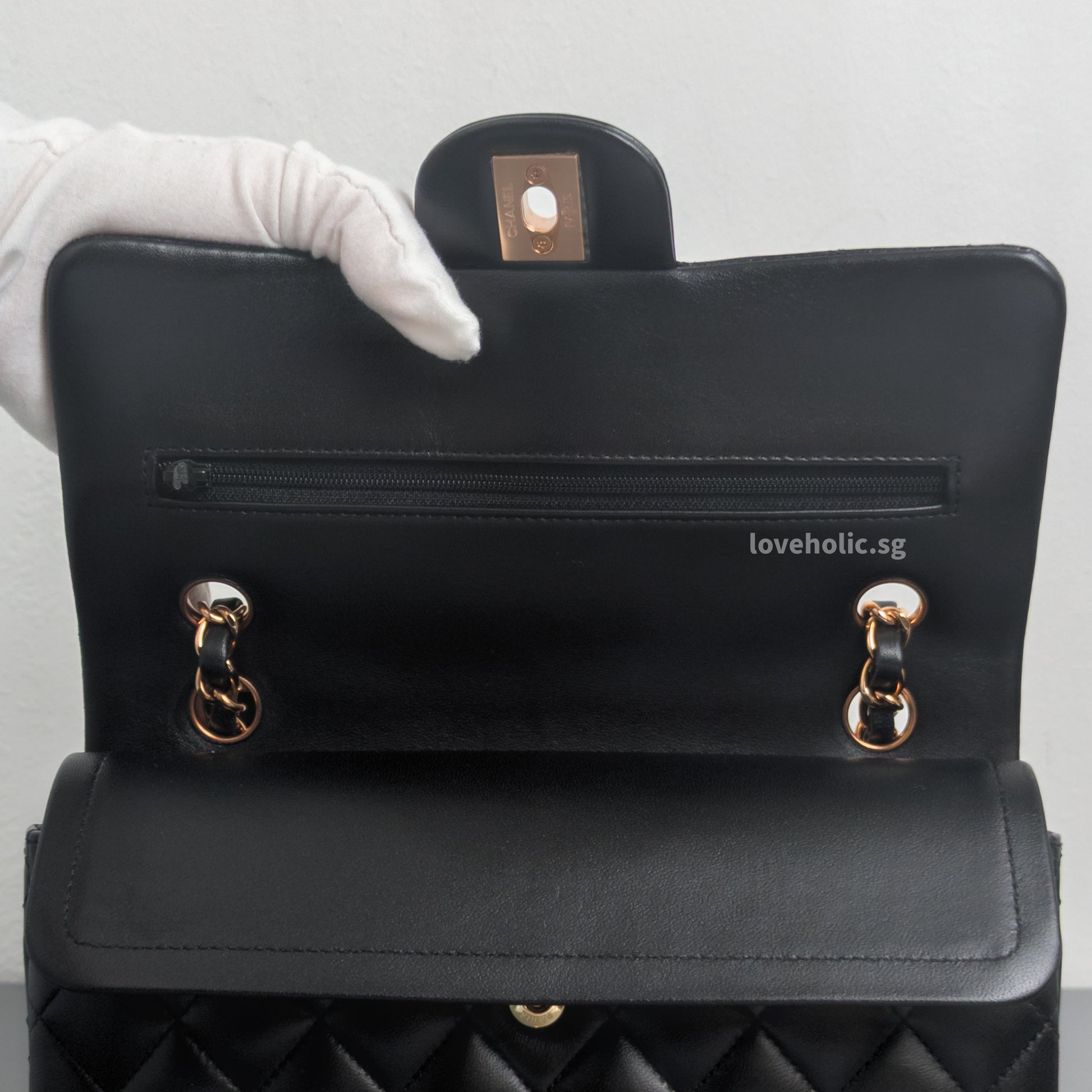 Chanel Classic Flap Small | Black Lambskin Rose Gold Hardware-details