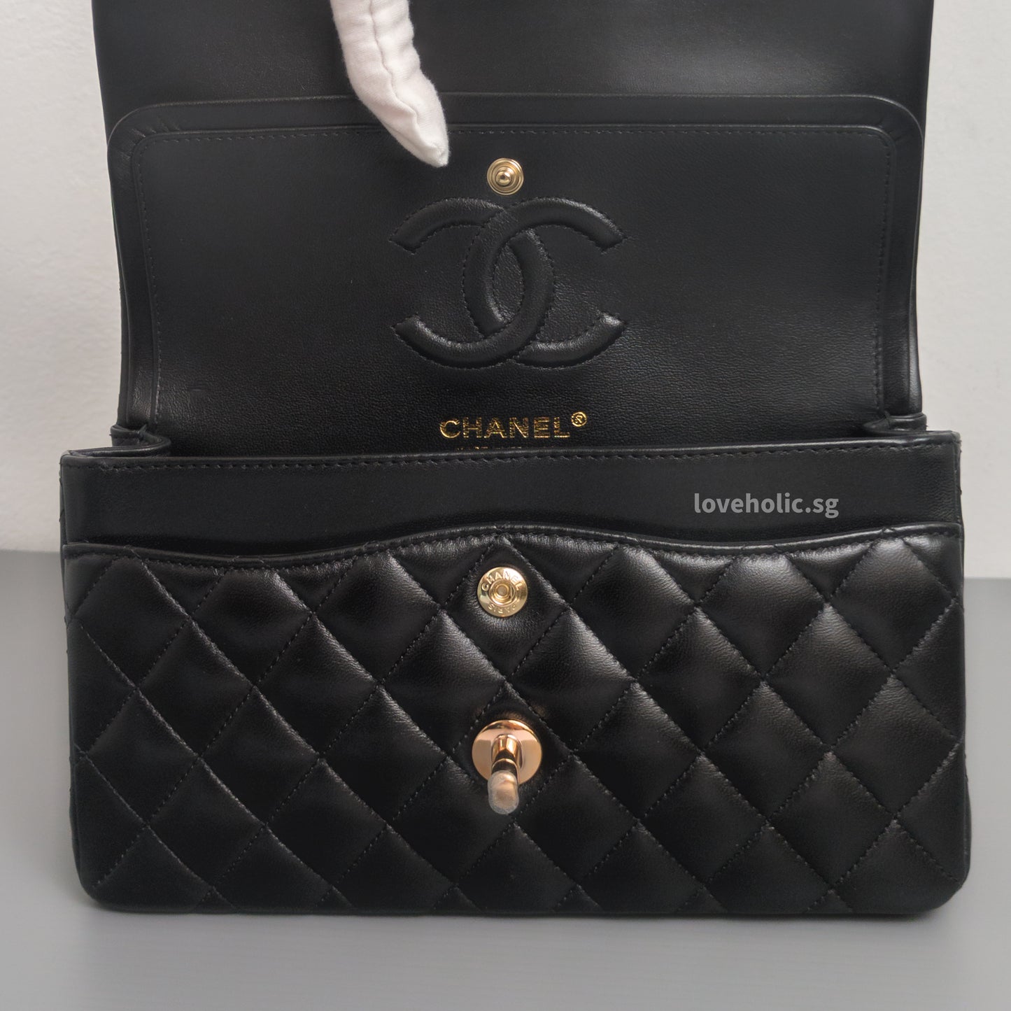Chanel Classic Flap Small | Black Lambskin Rose Gold Hardware-details