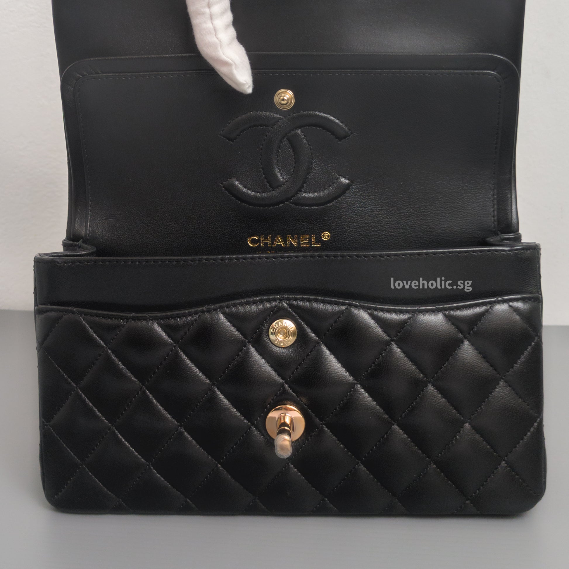 Chanel Classic Flap Small | Black Lambskin Rose Gold Hardware-details