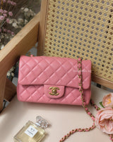 Chanel Classic Flap Mini Rectangle | Pink Lambskin Brushed Gold Hardware-front