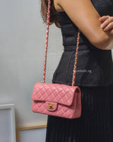 Chanel Classic Flap Mini Rectangle | Pink Lambskin Brushed Gold Hardware-model