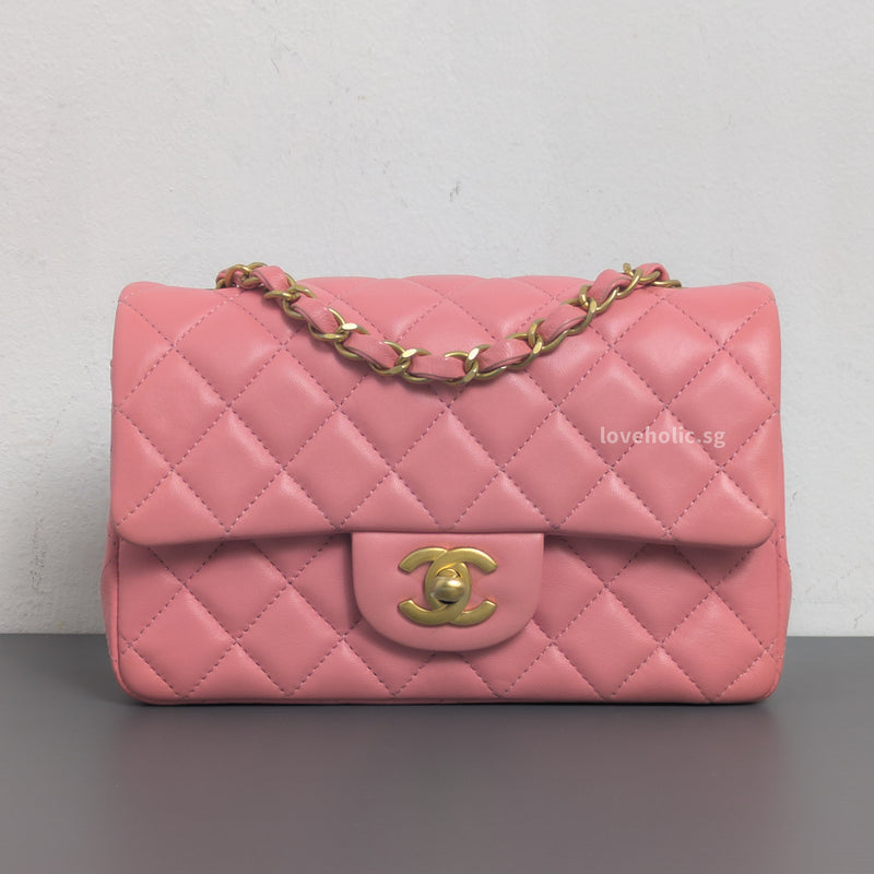 Chanel Classic Flap Mini Rectangle | Pink Lambskin Brushed Gold Hardware-front1