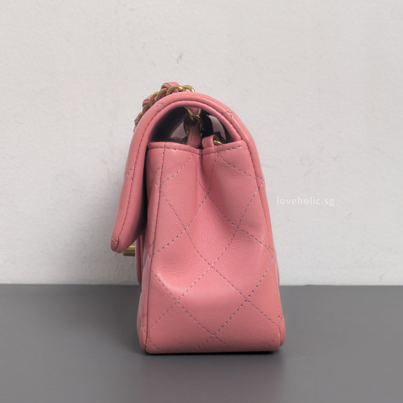 Chanel Classic Flap Mini Rectangle | Pink Lambskin Brushed Gold Hardware-details