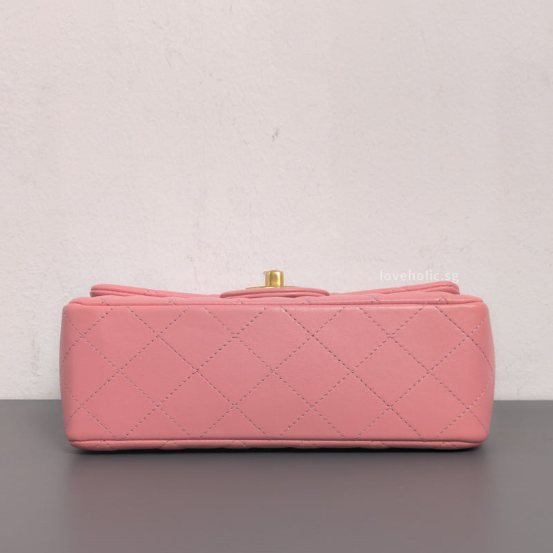 Chanel Classic Flap Mini Rectangle | Pink Lambskin Brushed Gold Hardware-details