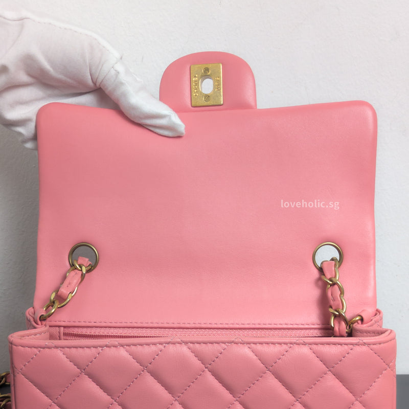 Chanel Classic Flap Mini Rectangle | Pink Lambskin Brushed Gold Hardware-details