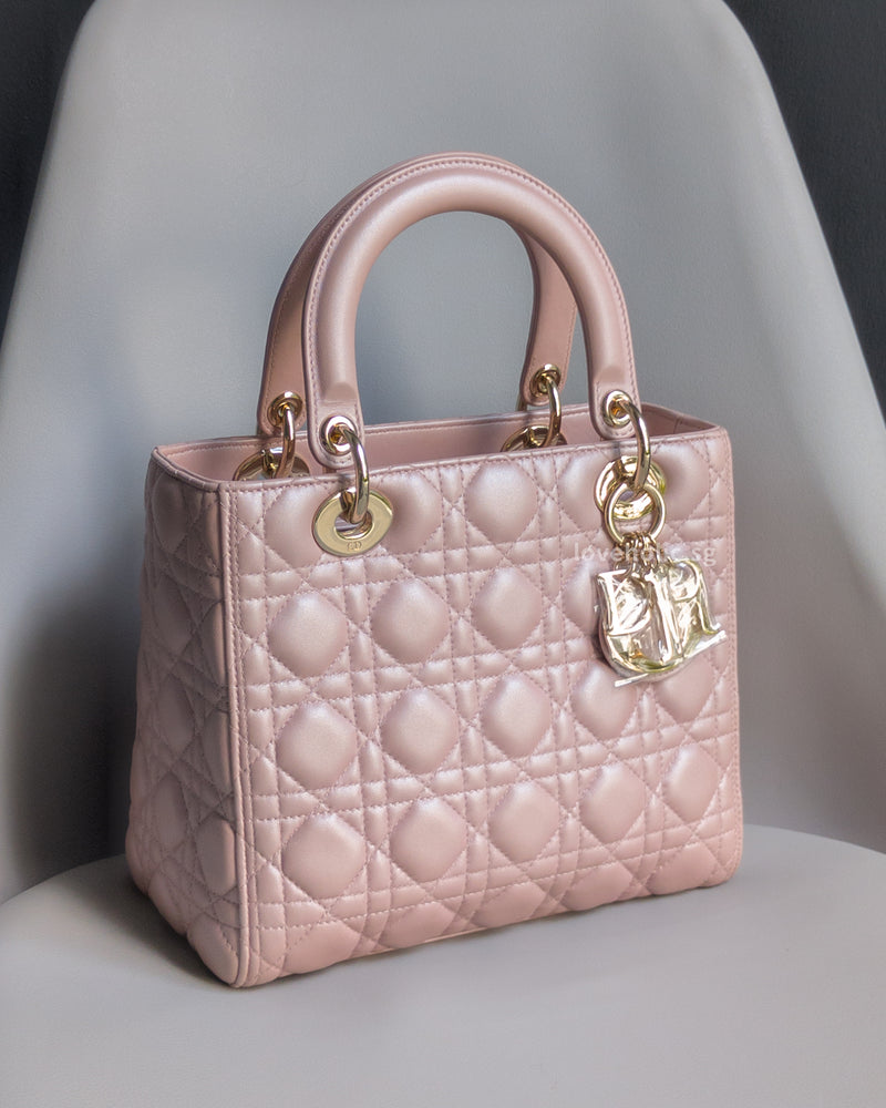 Dior Lady Dior Medium | Pearlescent Lotus Pink Lambskin Light Gold Hardware-front1