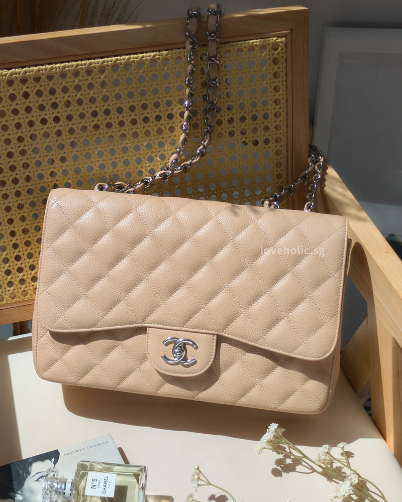 Chanel Single Flap Jumbo Beige Caviar Silver Hardware-front