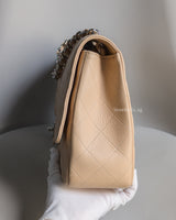 Chanel Single Flap Jumbo Beige Caviar Silver Hardware-side