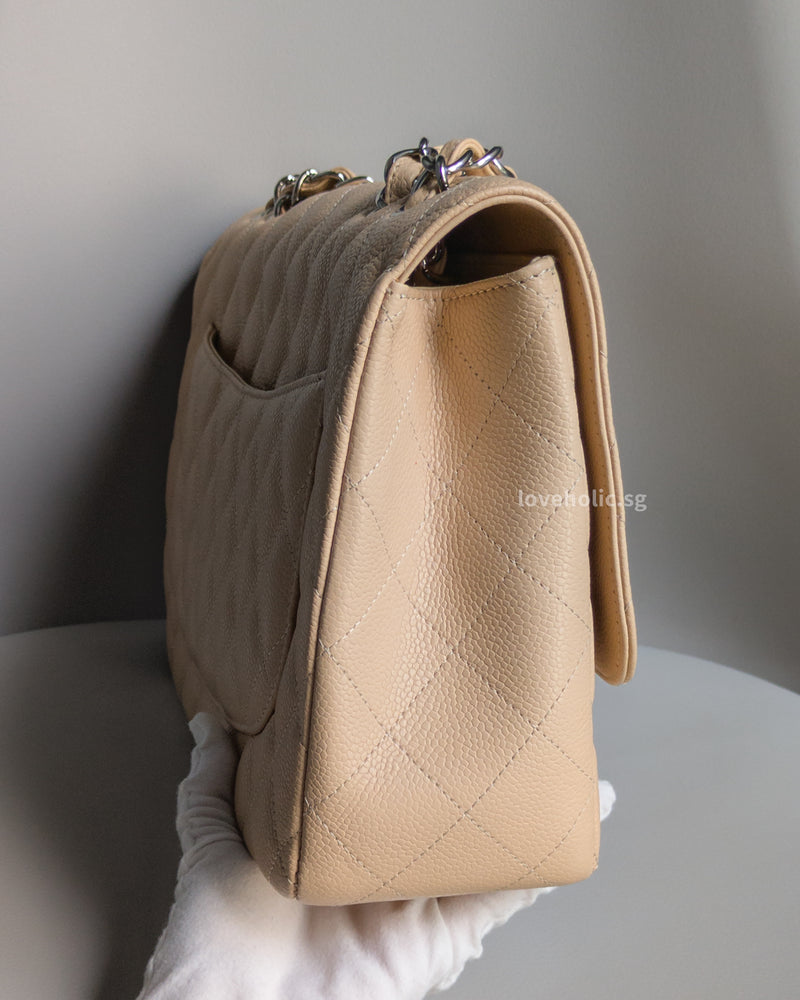 Chanel Single Flap Jumbo Beige Caviar Silver Hardware-details