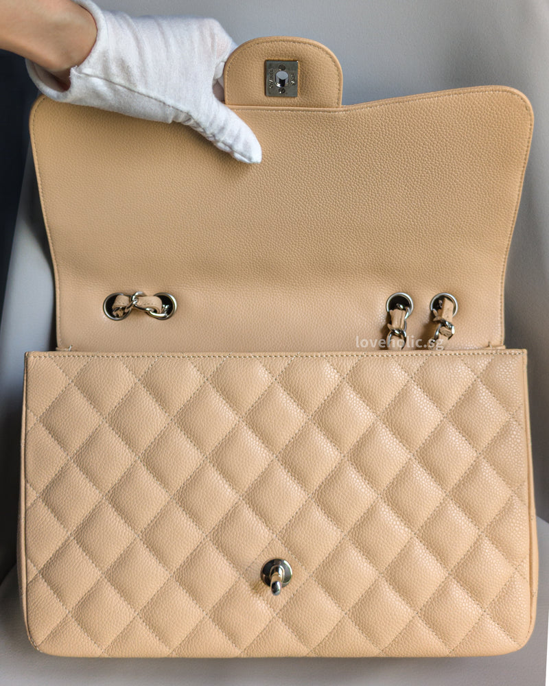 Chanel Single Flap Jumbo Beige Caviar Silver Hardware-details