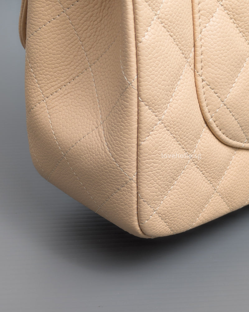 Chanel Single Flap Jumbo Beige Caviar Silver Hardware-details