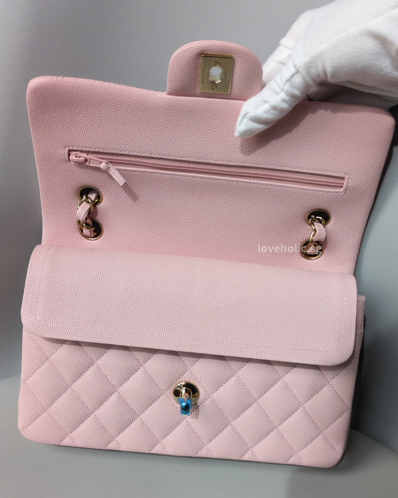 Chanel Classic Flap Small | 22B Light Pink Caviar Light Gold Hardware-details