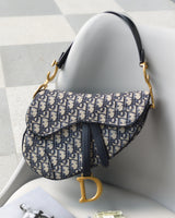 Dior Saddle Medium | Blue Jacquard Fabric Brushed Gold Hardware-front