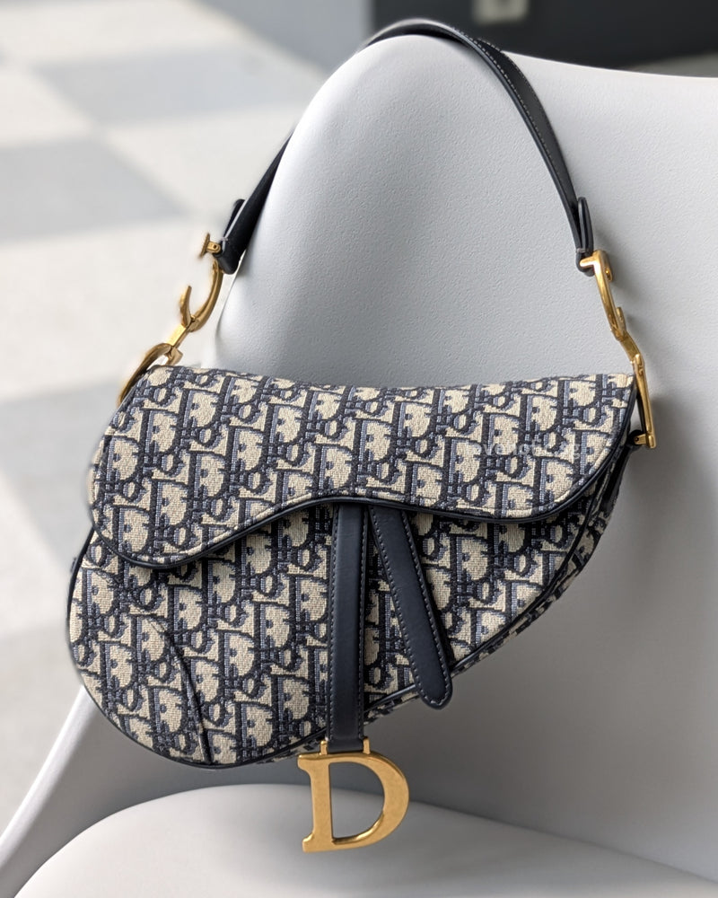 Dior Saddle Medium | Blue Jacquard Fabric Brushed Gold Hardware-front1