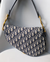 Dior Saddle Medium | Blue Jacquard Fabric Brushed Gold Hardware-back