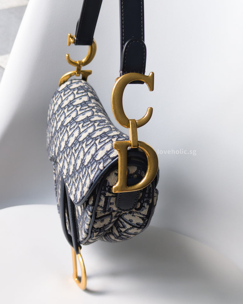 Dior Saddle Medium | Blue Jacquard Fabric Brushed Gold Hardware-side