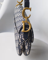 Dior Saddle Medium | Blue Jacquard Fabric Brushed Gold Hardware-details
