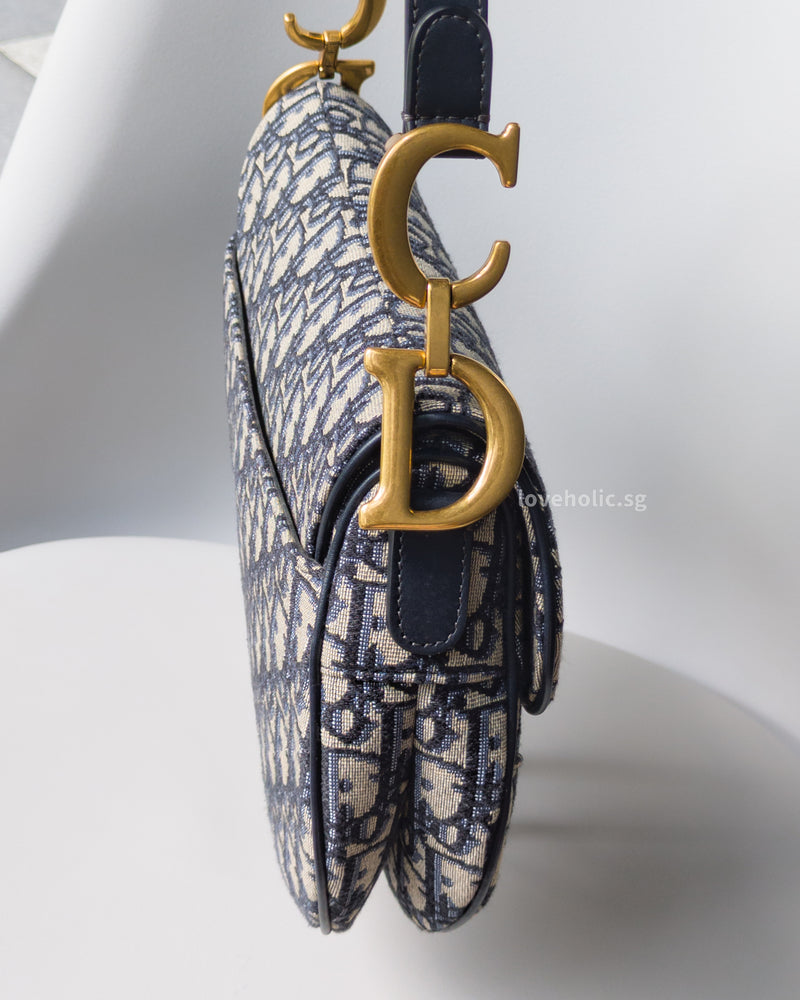 Dior Saddle Medium | Blue Jacquard Fabric Brushed Gold Hardware-details