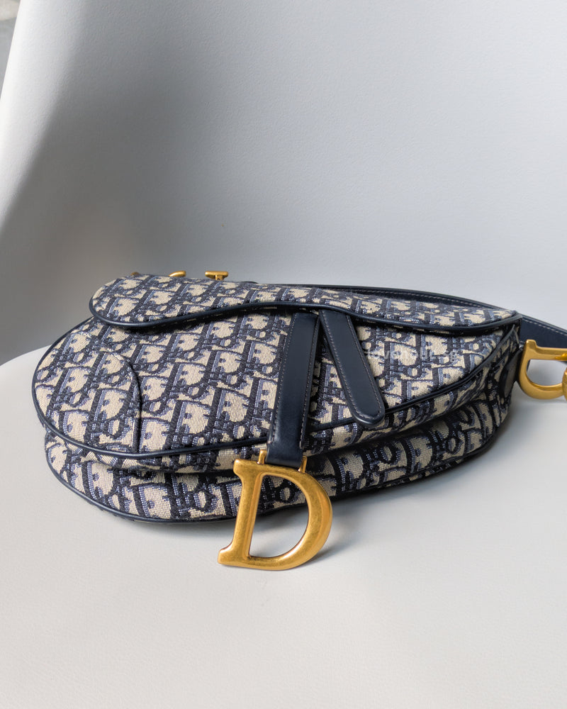Dior Saddle Medium | Blue Jacquard Fabric Brushed Gold Hardware-details