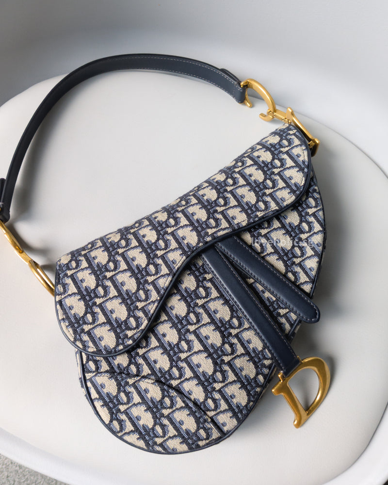 Dior Saddle Medium | Blue Jacquard Fabric Brushed Gold Hardware-details