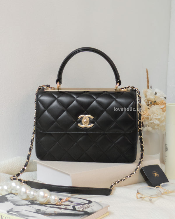 Trendy CC Top Handle Small | Black Lambskin Light Gold Hardware
