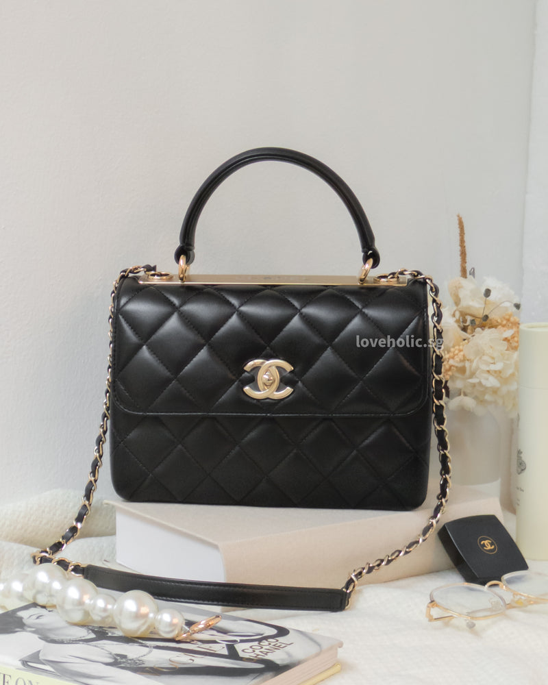 Trendy CC Top Handle Small | Black Lambskin Light Gold Hardware