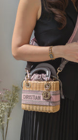 Dior Lady Dior Mini | Pink Grey Natural Wicker Gold Hardware-details