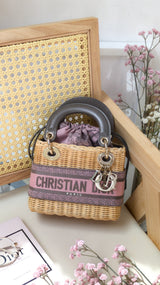 Dior Lady Dior Mini | Pink Grey Natural Wicker Gold Hardware-details