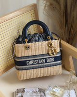 Dior Lady Dior Medium | Blue Oblique Wicker Natural Wicker Brushed Gold Hardware-front