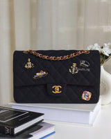 Chanel Classic Flap Medium | 18A Dark Navy with Paris-Hamburg Charms Wool Lambskin Brushed Gold Hardware-front