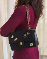 Chanel Classic Flap Medium | 18A Dark Navy with Paris-Hamburg Charms Wool Lambskin Brushed Gold Hardware-model