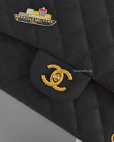 Chanel Classic Flap Medium | 18A Dark Navy with Paris-Hamburg Charms Wool Lambskin Brushed Gold Hardware-details