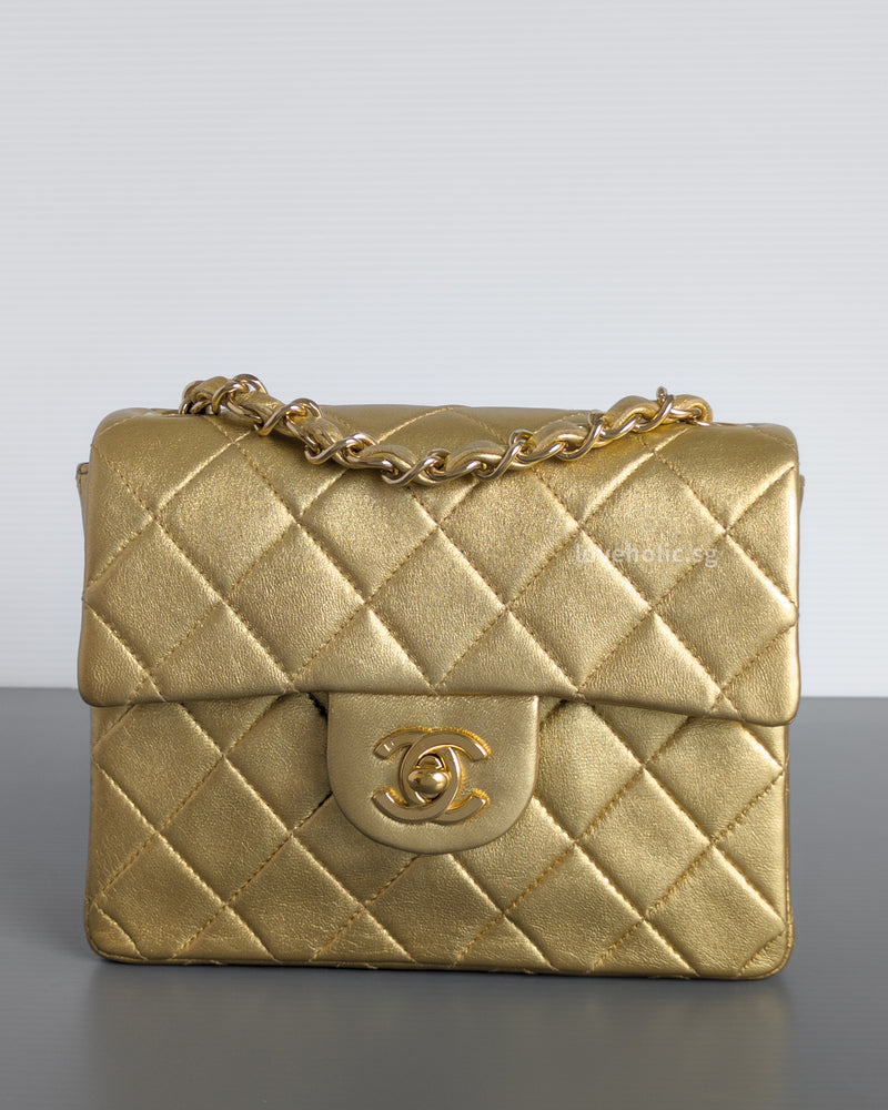 Vintage Classic Flap Mini Square | Metallic Gold Lambskin 24K Gold