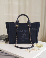 Chanel Deauville Shopping Tote Small | 25S Denim Navy Blue Fabric Light Gold Hardware-front