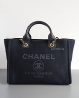 Chanel Deauville Shopping Tote Small | 25S Denim Navy Blue Fabric Light Gold Hardware-front1