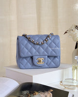 Chanel Classic Flap Mini Square | 21C Sky Blue Lambskin Light Gold Hardware-front
