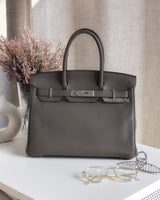 Hermes Birkin Retourne 30 | Etain Taurillon Clemence Palladium Hardware-front