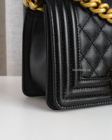 Chanel Boy Small | Black Caviar Brushed Gold Hardware-details