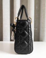 Dior Lady Dior with Chain Mini | Black Lambskin Light Gold Hardware-details