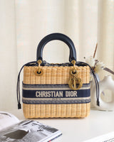 Dior Lady Dior Medium | Blue Oblique  Natural Wicker Brushed Gold Hardware-front